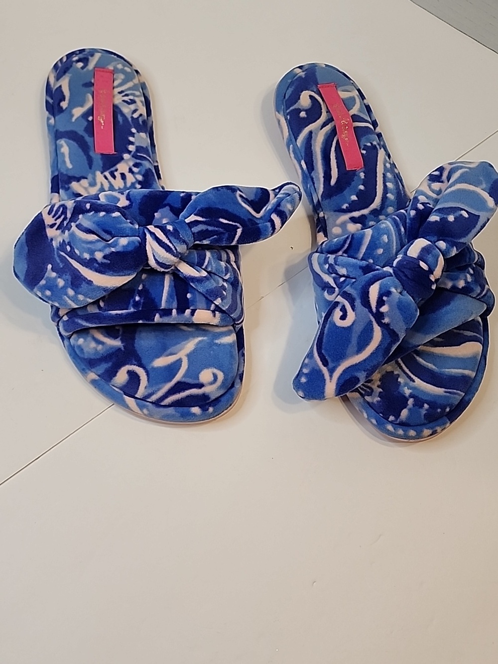 Lilly Pulitzer Blue Patterned Bow Slide Mules Slippers Spongy Soft